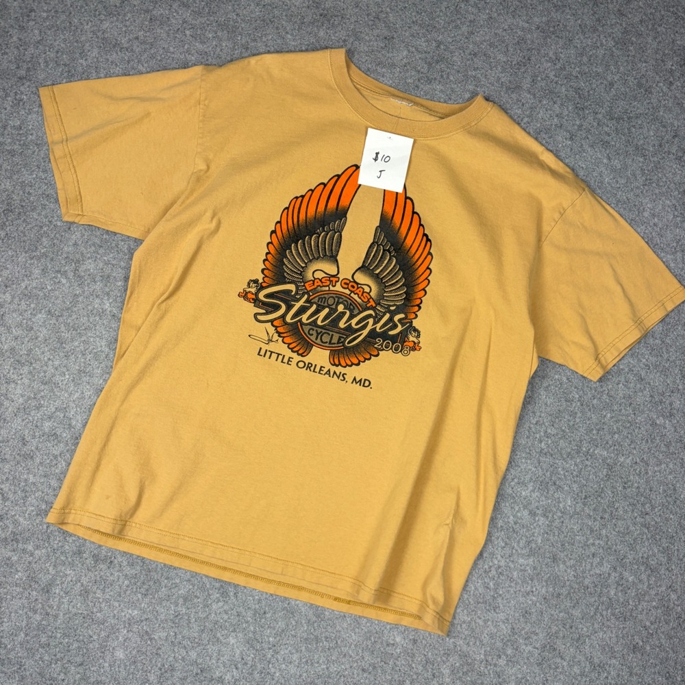 Vintage 2008 East Coast Sturgis Motorcycle Rally T-Shirt Mustard Yellow MD XL